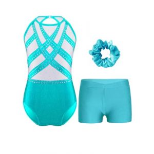 Oyolan Enfant Fille Justaucorps Gymnastique Strass avec Short Danse Gym Patinage Costume Spectacle Entraînement 5-16 Ans E Bleu vert 11-12 ans (Oyolan EU, neuf)