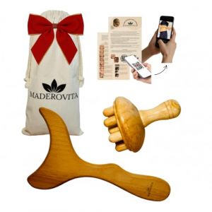 Kit Mad&eacute;roth&eacute;rapie MADEROVITA-Bois Naturel-massage anti-cellulite-Massage relaxant, drainage lymphatique, r&eacute;cup&eacute;ration musculaire, douleurs lombaires-Planche Gua Sha & Champignon de massage (MyBeautyHome, neuf)