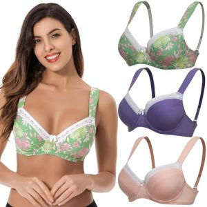Curve Muse - Soutien-Gorge &agrave; Armatures Grande Taille pour Femmes, Non doubl&eacute;, Soutien-Gorge Balconnet en Coton avec - Paquet de 3-Lt Rose, Violet, Vert Imprim&eacute;-120E (Curve Muse EU, neuf)