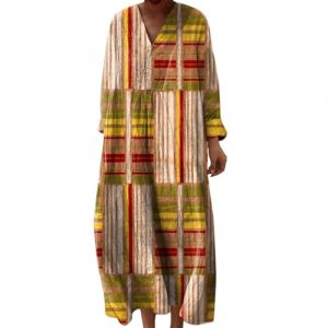 Robe Ete Femme Mi Longue Fluide Coton Chemise Robes Manches Longues Ample Casuel A-Line Imprim&eacute; Fleur Robes Col V Ronde Boh&egrave;me Robe De Soiree Femme Vintage Dress Pour F&ecirc;te Travail (Anglekie, neuf)