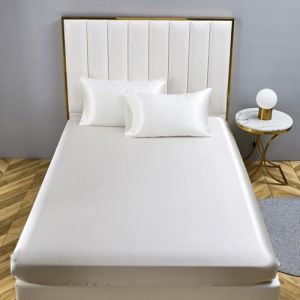 YASMENG Drap Housse 160 x 200 Satin Blanc Uni Bonnet 30 cm Soyeux Brillant Luxe Soie Drap de lit en Satin de Soie Polyester Douce Lisse Respirant pour Matelas Épais (Tamir Zhang, neuf)