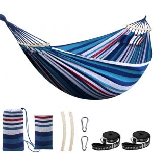 Chihee Coton Hamac Grand hamac Souple Respirant Hamac de Camping Peut Supporter jusqu'à 300KG Hamac d'arbre Portable avec Barre d'écartement détachable Oreiller 2 Sangles Solides 2 mousquetons (Tokeda, neuf)