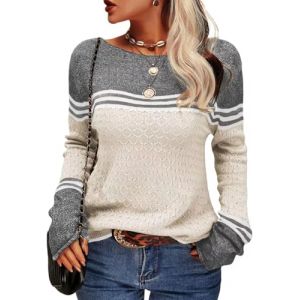 Yutdeng Pull &agrave; Col Rond Ray&eacute; pour Femme Automne et Hiver Manches Longues D&eacute;contract&eacute;s Chaud Tunique Maille &Eacute;l&eacute;gant en Laine Couleur Patchwork Pull Tricot&eacute; Pullover Haut Tops,Beige,XXL (Heiyut, neuf)