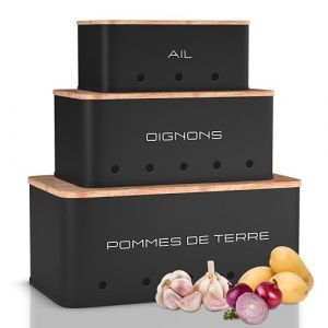 KOOK TIME rangement pomme de terre oignon ail - Lot de 3 - Boite pomme de terre oignons ail - rangement l&eacute;gumes avec petits trous de ventilation pour une circulation d'air optimale - Noir Mat (Kook Shop, neuf)