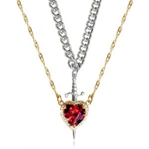 LXURY Collier couple épée en forme de cœur, 2 pièces en or et argent avec pendentif épée en forme de cœur vintage en moissanite tendance (Style D,One size) (Duangdangdu, neuf)