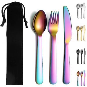 Evanda Ensemble de couverts portatifs arc-en-ciel, y compris cuill&egrave;re de fourche &agrave; couteau, couverts de camping en titane color&eacute; avec sac, pour l&rsquo;ext&eacute;rieur, le camping, les voyages (Shenzhenshi Yiwangda Jiajuyongpin Youxiangongsi, neuf)
