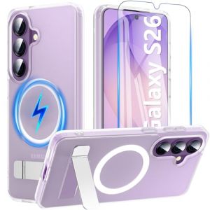 RC1WD Coque Samsung Galaxy S26 Magn&eacute;tique avec Support Int&eacute;gr&eacute;, Coque Samsung S26 Verre Tremp&eacute; Inclus, Coque S26 Compatible avec MagSafe, Certification Militaire Anti-Choc pour S25, Semi-Transparent (HSHSAMZ, neuf)