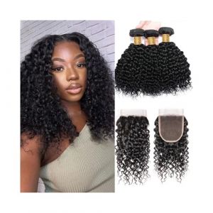 Extensions de cheveux Extensions de cheveux malaisiens ondul&eacute;s avec fermeture 4x4, lot de 3, avec fermeture en dentelle, couleur noire naturelle, boucles courtes Faisceaux de cheveux humains(14 14 16 (wangjianjunmeiguo, neuf)