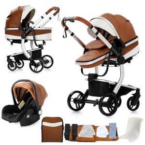 Nine point nine Cuir PU Poussette 3 en 1, Poussette Bebe avec Double Modes de Poussée Réversibles, Poussette Canne avec Grande Nacelle Confortable, Pousettes Cadre Aluminium Haute Paysage (B518 Khaki) (Kaiwen baby products, neuf)