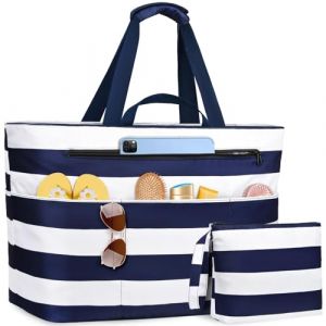 NEWIROVE Sac De Plage Femme, Grand Sac Plage Avec Fermeture &Eacute;clair Xxl Family Bag Imperm&eacute;able Pliable Beach Bag Cabas Femme Pour Piscine, Shopping, Vacances. 50L, Rayures bleu-blanc. (Newinere, neuf)