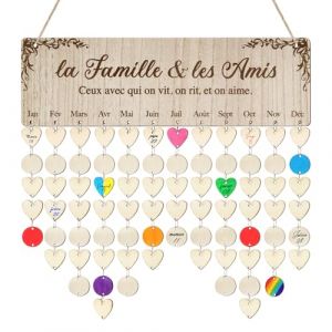 Calendrier d'Anniversaire en Bois Plaque de Rappel Calendrier Francais et 100pcs Mini ranches de Bois Disque Rond Cœur Calendriers Personnalisé Suspendu Décoration DIY pour Maison Fête Anniversaire (ShanDongYuRui, neuf)