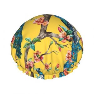 Beau bonnet de douche imprim&eacute; paon, bande &eacute;lastique, double couche imperm&eacute;able, pour homme et femme (Zhangjin666, neuf)
