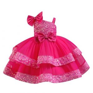 IDOPIP Enfant Fille Robe De Soir&eacute;e Sequins Bowknots Tulle sans Manches Anniversaire Noeud Papillon Robe pour La F&ecirc;te Rose Rouge 130cm (BXH, neuf)