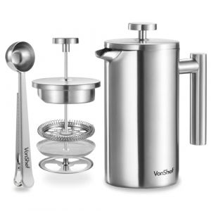 VonShef Cafetière à Piston - French Press en Acier Inoxydable - Cafetière à Piston avec Filtre Lavable, Cuillère Doseuse/Pince de Fermeture de Sachet - Pour 6 Tasses, 800 ml (VonHaus EU, neuf)