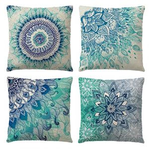 OCEUMACO Housse de Coussin 40x40 Bohême Mandala Décoratif Housses Coussins pour Canapé Chaise Lit Salon Lot de 4 Hippie Indien Taie d'oreiller en Lin Deco Ethnique Scandinave - Vert (Oceum, neuf)