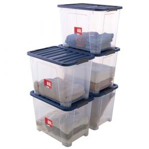 SUNDIS Wave Box, lot de 5 boîtes de rangement avec couvercle clipsable 60l, en plastique transparent, superposables et empilables, idéales pour ranger chambre, jouets, bureau, grenier ou garage (Sundis Shop, neuf)