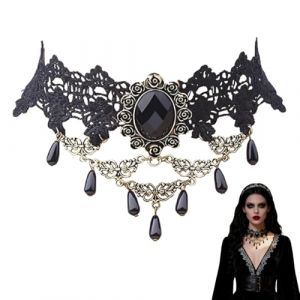 YUVKIN 1 pi&egrave;ce Collier gothique vintage victorien pour femme, ras-de-cou en dentelle noire avec strass, accessoire &eacute;l&eacute;gant pour Halloween, mascarade, carnaval, f&ecirc;te costum&eacute;e, Pentec&ocirc;te (noir) (HerEdit, neuf)