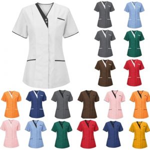 Tunique M&eacute;Dicale Femme Col en V Manche Courte Blouse Infirmiere Uniforme De Travail Haut Et Pantalon Tenue Aide Soignante Professionnelle Esth&eacute;Ticienne V&ecirc;Tement Lavables Durables Ensemble (HAOLEI  FR, neuf)