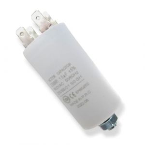 DEKAROX Condensateur universel 1,5 µF 450 V Ø 30 x 57 mm avec connecteurs AMP 6,3 mm Vis de fixation M8 CBB60 Condensateur de démarrage et de course pour appareils électroménagers (Dekarox, neuf)