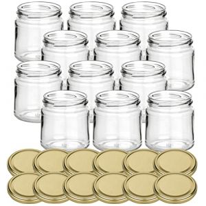gouveo Lot de 12 Pots à Confiture 250g Miel avec Couvercle à vis doré - Petits Pots à provisions avec Bouchon à vis TO66 - Pots à Confiture vides, Pots à épices (flaschendiscount, neuf)