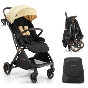 Gromast Gravity Poussette pliable pour bébé, portable, avec dossier réglable et toit pare-soleil, légère et protégée contre les UV, pliable automatique d'une seule main, beige (Gromast, neuf)