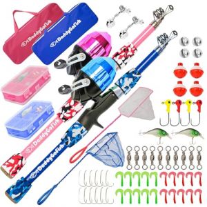 DaddyGoFish Ensemble Canne &agrave; p&ecirc;che et Moulinet pour Enfants, Coffret de mat&eacute;riel de p&ecirc;che, Petit &eacute;quipement de premi&egrave;re ann&eacute;e pour gar&ccedil;ons et Filles d&eacute;butants (Ensemble Essentiel, Bleue + Rose, 4ft) (DADDYGOFISH, neuf)