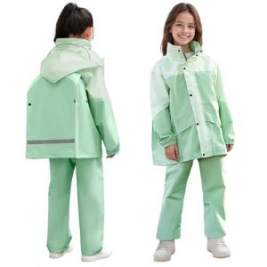 JinBei Imperméable Enfants Combinaison de Pluie Fille Léger Ensemble Pluie avec Bandes Réfléchissante Pantalon et Veste à Capuche Pliante Costume 2 Pièces pour Écoles Camping, 13-14 Ans (JinBei, neuf)