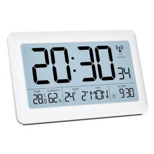 LATEC Horloge Num&eacute;rique Murale, Reveil Digitale Radiopilot&eacute;e Grand &Eacute;cran LCD 7,5" - Horloge Num&eacute;rique &agrave; Piles avec Temp&eacute;rature/Humidit&eacute;/Calendrier - Alarme/Snooze &ndash; R&eacute;tro&eacute;clairage (ACEES LUDIV, neuf)