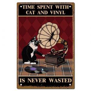 CREATCABIN Black Cat Metal Tin Sign Decor Time Spent with Cat and Vinyl is Never Wasted Metal Poster Kitty Wall Art Decor Sign Plaques for Bathroom Garden Home Decor 20 x 30 cm (CREATCABIN FR, neuf)