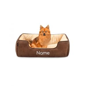 lionto Lit pour Chien 2-en-1 avec entrée Confortable, Couchage Douillet réversible pour Chiens et Chats, 80x60 cm, Coussin pour Chien en suédine Facile d'entretien, Marron/Beige (avec nom imprimé) (dibea, neuf)