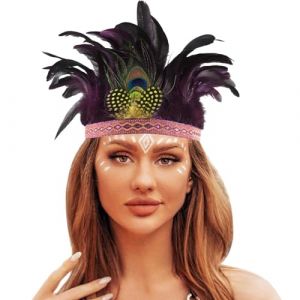 Bandeau &agrave; plumes pour femme - Plumes de paon - Accessoire de cheveux multicolore avec longues plumes - Accessoire pour carnaval, mascarade, cosplay, danse (EweneK, neuf)