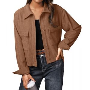 IWOLLENCE Veste en velours côtelé pour femme - Veste courte à manches longues à revers boutonnée - Manteau shacket, marron, S (IWOLLENCE FR, neuf)