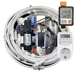 DIY Syst&egrave;me de Brumisateur avec Pompe Silencieuse 24v & Minuterie, Syst&egrave;me de Refroidissement Kit par Brumisation Ext&eacute;rieur avec Filtre(Size:15m/49.2ftube + 21 nozzles,Color:blanc) (Mi Li Jewelry, neuf)