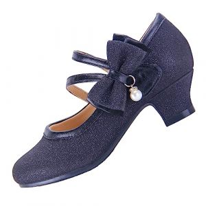 EIGHT KM Filles Talons Hauts Robe Chaussures Mary Jane Princesse Mariage Fête Pompe EKM7035 Étincelle Scintillante Perle Minerve Nœud Noir Taille EU 32 (ElfElfElf FR, neuf)