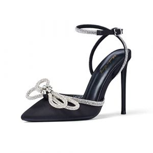 Zhabtuc Femmes Chaussures à Talons Hauts Satin Strass Bow Sandales à Lacets Bout Pointu Cheville Boucle Sangles, satiné Noir, 38.5 EU (Tiance, neuf)