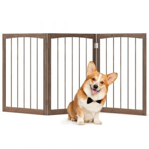 COSTWAY Barriere de Securite Chien, Barrière Chien Pliable à 3 Panneaux, Cadre en Bois de Sapin, Charnières Flexibles, Barrière Chat Chiot pour Escalier Salon Cuisine, 159 × 76 cm (Marron) (FDS GmbH, neuf)