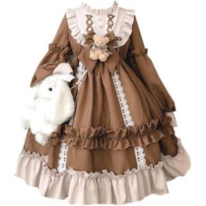 Robe De Princesse Lolita Japonaise Mignonne Et Douce pour Femmes Y2k Printemps Et Automne Robes Lolita À Manches Longues Légères Kawaii Cosplay Party (Café,S) (yunyunzongshengshangmao, neuf)