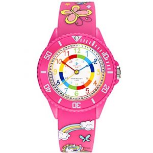 Alienwork Licorne Fille Montre Pédagogique Apprendre l'Heure Enfants Fille Rose Bracelet en Silicone Multicolore Enfants Résistant à l'eau 5 ATM Temps d'apprentissage (?Alienwork, neuf)