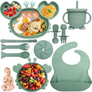 Kinyoda Coffret Repas Bebe, 10 Pièces Assiette bebe Set Vaisselle Antiderapant Silicone avec Ventouse Assiette Bol Fourche Cuillère Bavoir, Enfant Set Couverts Vaisselle Pour Sevrage Manger, Vert (JYD Direct, neuf)