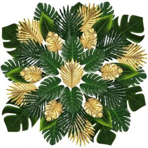 OMIGA Feuille de Palmier 60 Pièces Artificielle Set de Table Feuille Decoration Monstère Decoration Jungle Decoration Anniversaire Tropical pour Luau Hawaïen (Vert/Or) (SINGH-EU, neuf)