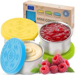 Everusely - R&eacute;cipient &agrave; condiments - Lot de 3, 50 ml, &Eacute;t&eacute; - R&eacute;cipient &eacute;tanche pour vinaigrette - Petits r&eacute;cipients &agrave; sauce en acier inoxydable avec couvercles (Mendota Merchants LLC, neuf)