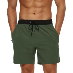 EDOTON Maillot de Bain Homme avec Poche Zippée Short de Bain Imperméable à Séchage Rapide Short de Bain avec Cordon de Serrage Réglable (EU S, Vert armée Noir (EDOTON, neuf)