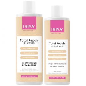 Shampooing & Soin R&eacute;parateur Sans Sulfate | Iniya Duo Kit R&eacute;paration | Shampooing R&eacute;parateur 400ml et Masque R&eacute;parateur 300ml Lissage Br&eacute;silien & Tanin (HairCare75⭐⭐⭐⭐⭐, neuf)