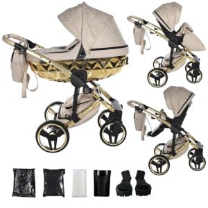 Junama Poussette Diamond Heart 2en1 3en1 4en1 (07 - beige et or, 2en1 avec adaptateurs) (Exclusive Prams, neuf)