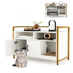 GYMAX Meuble Cache Litière Chat Grand en Bois, avec Griffoir Détachable, Maison de Toilette pour Chat avec 2 Étagères Rangement Ouvertes, Maison Bon Ventilation et Anti-basculement pour Chat (Blanc) (GYMAX EU, neuf)