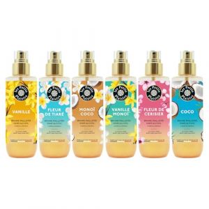 Les Petits Plaisirs - Lot de 6 (dont 1 offerte) - Brumes paillet&eacute;es, Vanille Monoi, Monoi Coco, Fleur de Cerisier, Fleur de tiar&eacute;, Solaires & sensuelles. Coffret cadeau. Made in France. 6 x 200ml (Les Petits Plaisirs France, neuf)