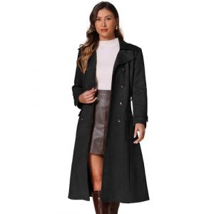 Allegra K Trench Coat Femme en Faux Su&egrave;de &agrave; Revers Crant&eacute; Blouson Long &agrave; Double Boutonnage avec Ceinture Manteau Faux Cuir &agrave; Manches Longues Noir XS (Allegra K FASHION, neuf)
