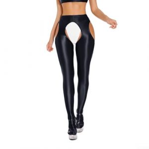 Legging transparent extensible ouvert &agrave; l'entrejambe pour femme avec finition brillante, pantalon moulant pour yoga et danse (XXL noir) (EasyByMall, neuf)