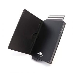 Stealth Wallet Porte Carte Bancaire RFID pour Homme - Porte-Cartes De Cr&eacute;dit avec M&eacute;canisme Pop Up et Bo&icirc;te Cadeau - Portefeuilles de Cr&eacute;dit Aluminium Minces (Aluminium Noir, Cuir Noir Crazy Horse) (ETK Limited, neuf)