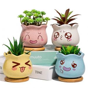 Yangbaga 4 Pcs Pot de Fleur en Céramique avec Plateau en Bambou et Mignons Décor émoticône, Pot de Succulent Jolie Déco pour Maison Etagere Bureau Jardin Salon (Advancing Cat, neuf)
